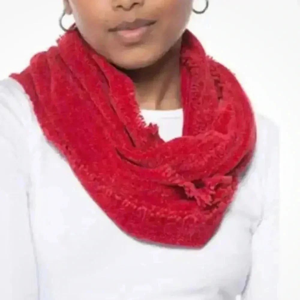 Charter Club Chenille Infinity Scarf Solid Red Woven Loop Fringed